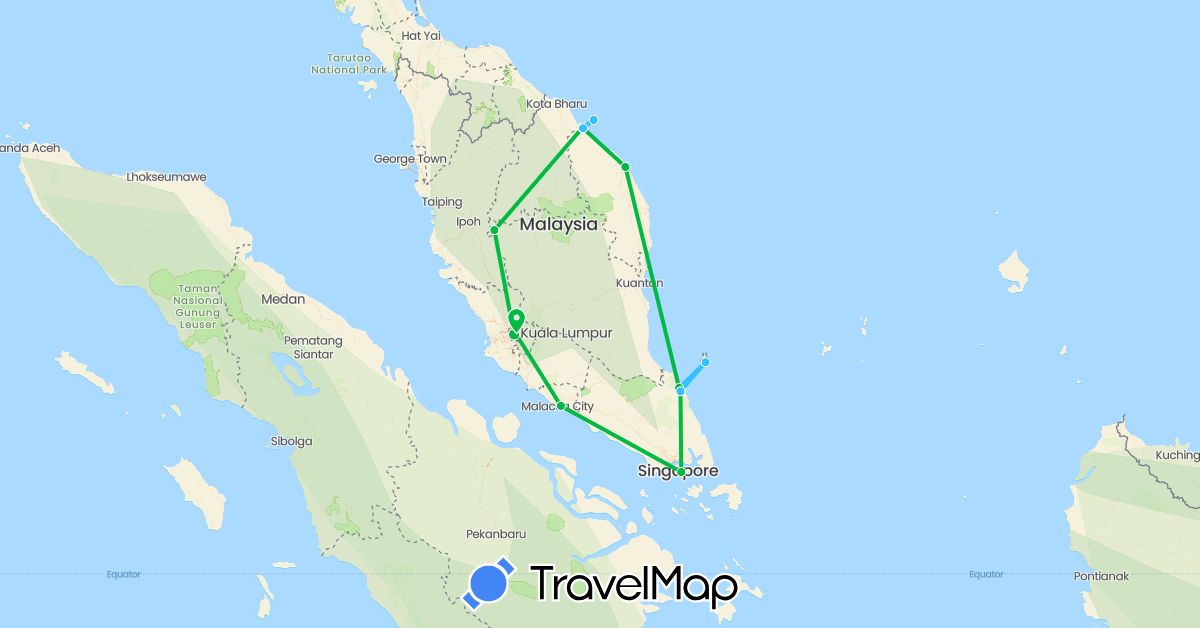 TravelMap itinerary: driving, bus, boat in Malaysia, Singapore (Asia)